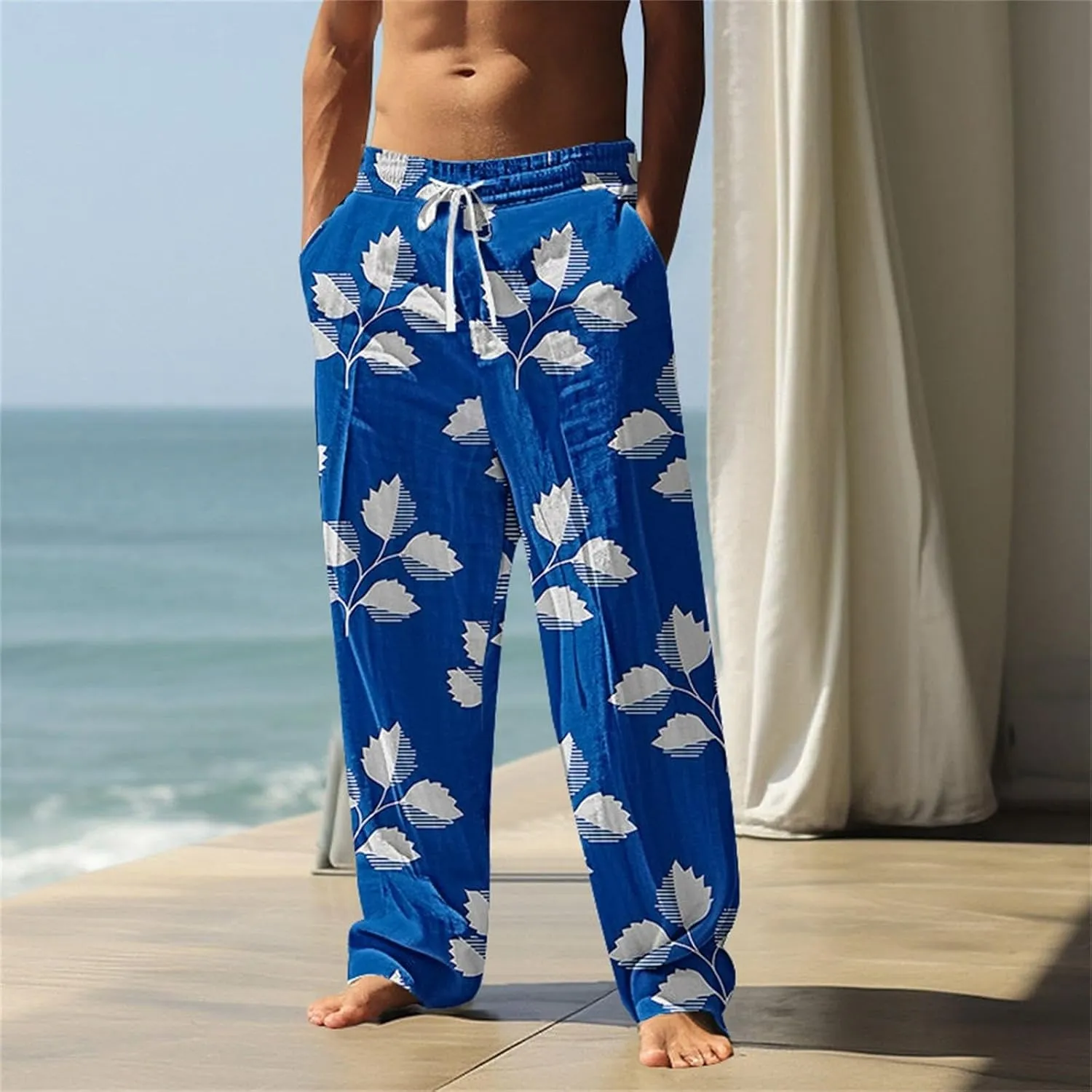Mens Beach Pants Summer Tropical Plants Print Lightweight Baggy Vacation Slacks Plus Size Drawstring Casual Trousers