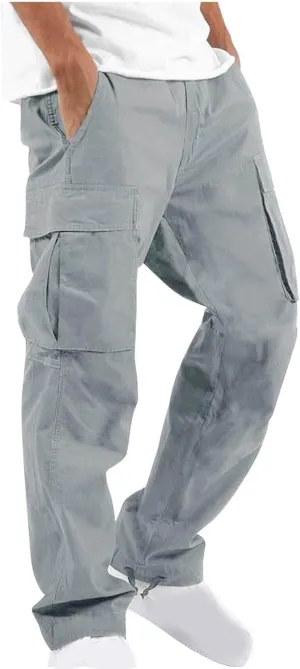 Mens Cargo Pants Classic Fit Cotton Drawstring Casual Joggers Athletic Trousers Elastic Waist Straight Sweatpants
