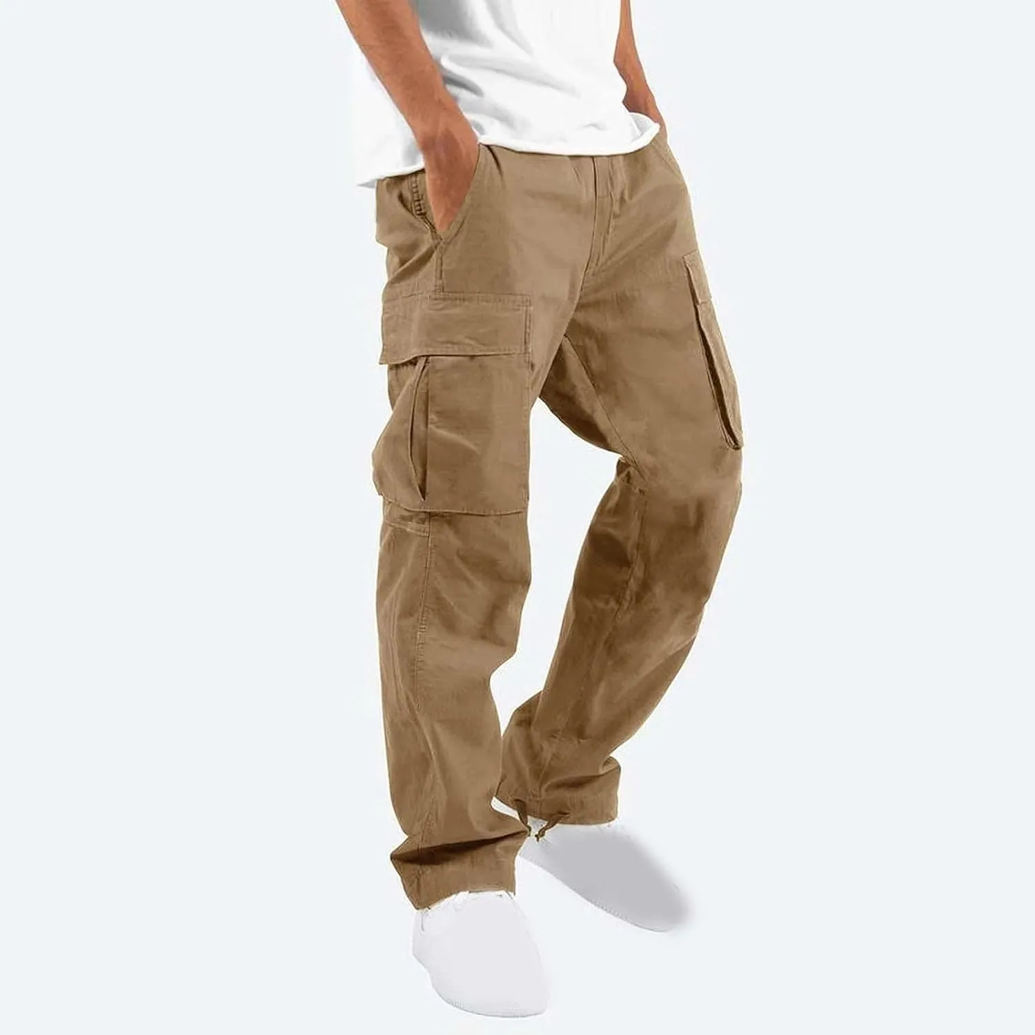 Mens Cargo Pants Classic Fit Cotton Drawstring Casual Joggers Athletic Trousers Elastic Waist Straight Sweatpants