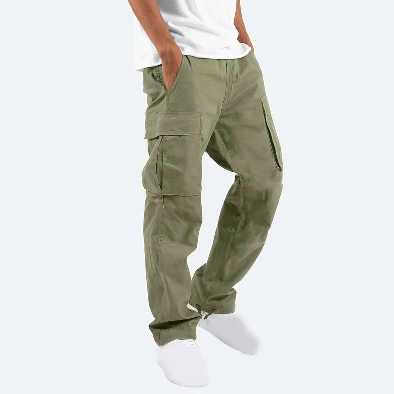 Mens Cargo Pants Classic Fit Cotton Drawstring Casual Joggers Athletic Trousers Elastic Waist Straight Sweatpants