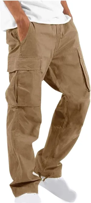 Mens Cargo Pants Classic Fit Cotton Drawstring Casual Joggers Athletic Trousers Elastic Waist Straight Sweatpants