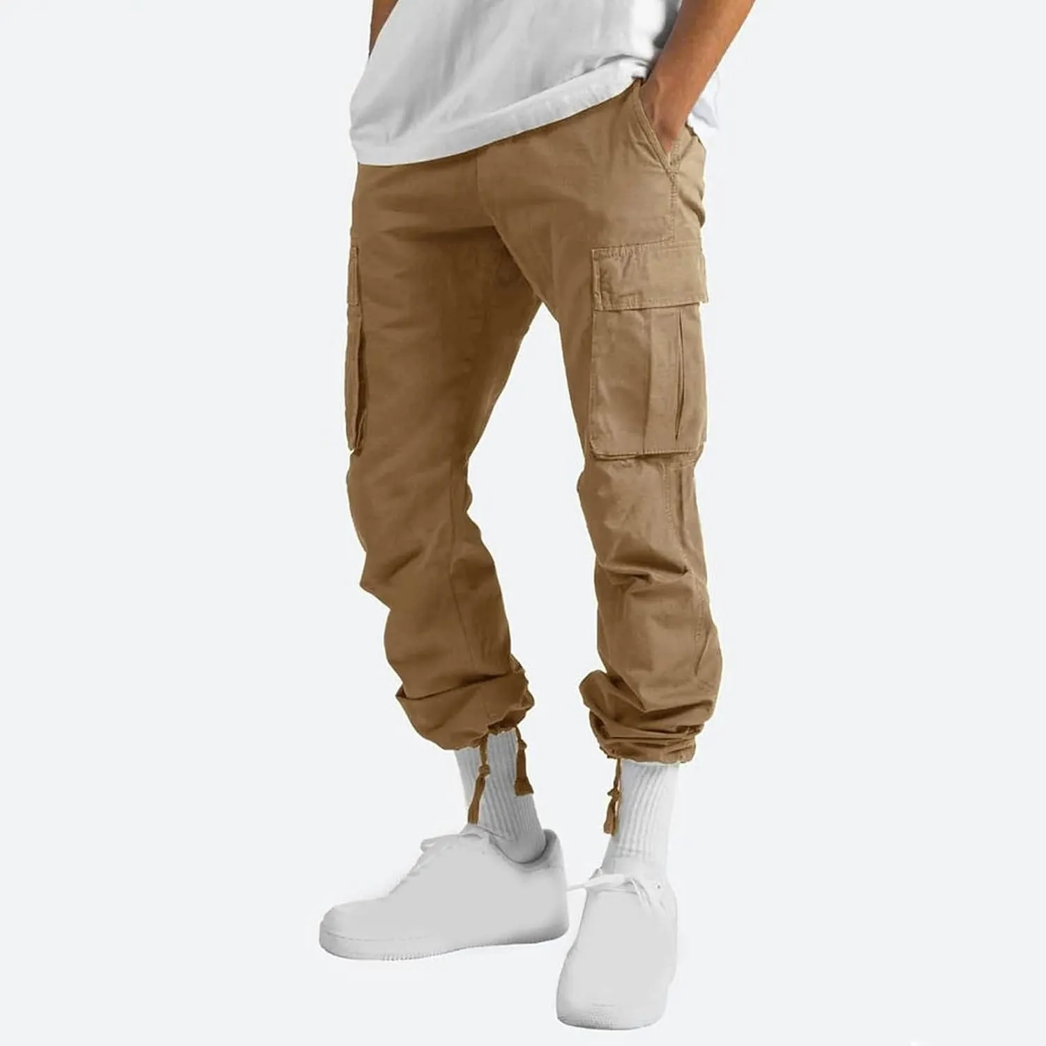 Mens Cargo Pants Classic Fit Cotton Drawstring Casual Joggers Athletic Trousers Elastic Waist Straight Sweatpants