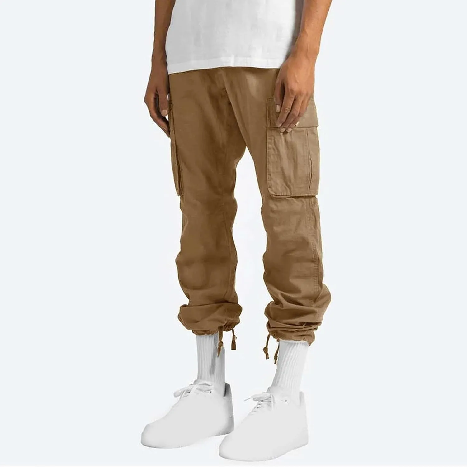 Mens Cargo Pants Classic Fit Cotton Drawstring Casual Joggers Athletic Trousers Elastic Waist Straight Sweatpants