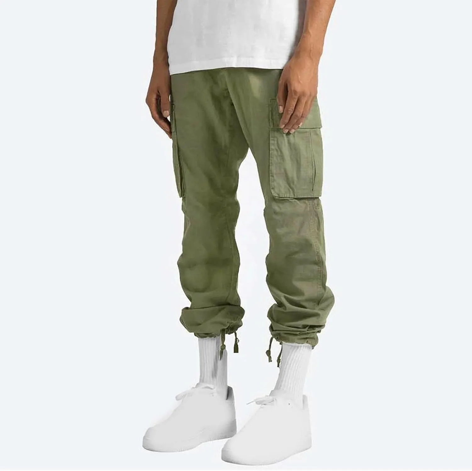 Mens Cargo Pants Classic Fit Cotton Drawstring Casual Joggers Athletic Trousers Elastic Waist Straight Sweatpants