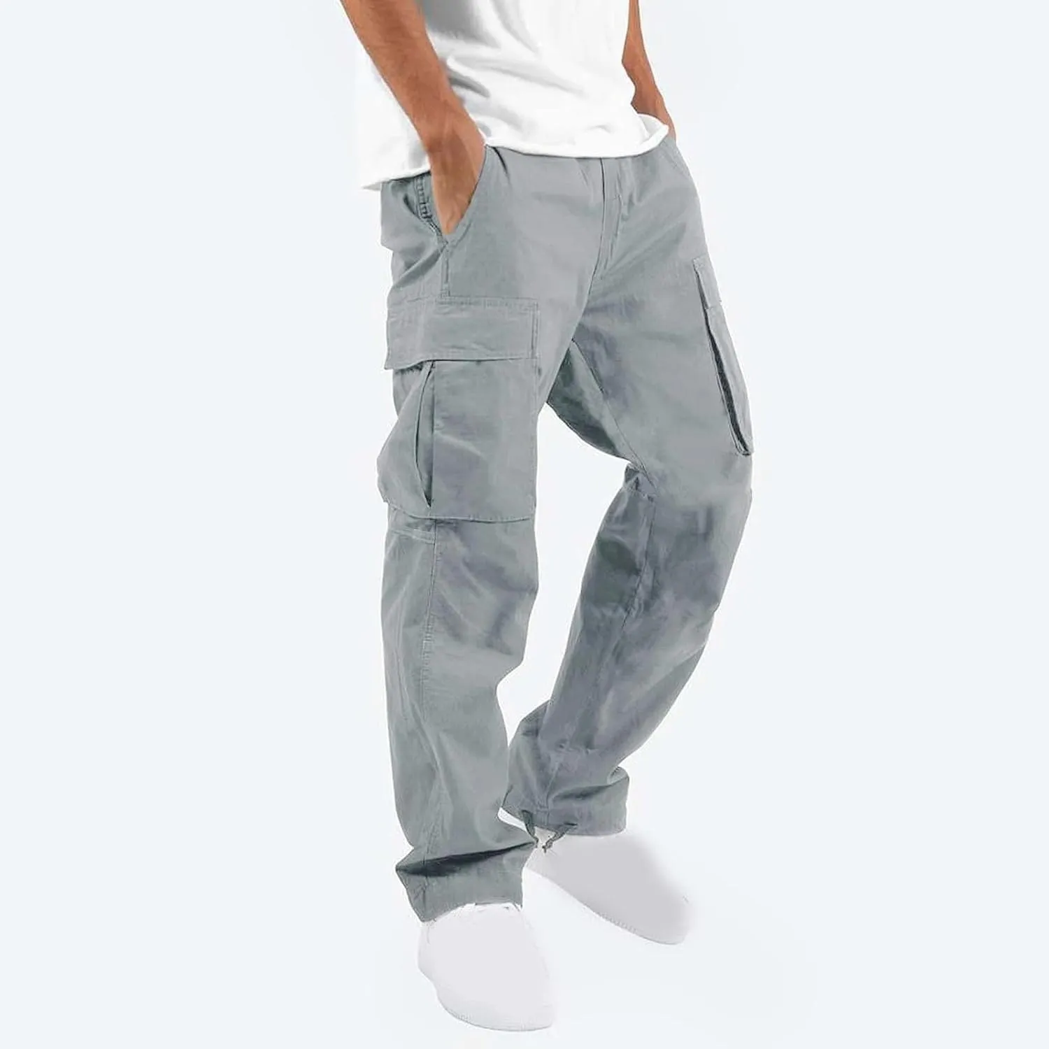 Mens Cargo Pants Classic Fit Cotton Drawstring Casual Joggers Athletic Trousers Elastic Waist Straight Sweatpants