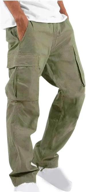 Mens Cargo Pants Classic Fit Cotton Drawstring Casual Joggers Athletic Trousers Elastic Waist Straight Sweatpants