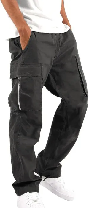Mens Cargo Pants Classic Fit Pants, Cotton Work Pants, Casual Elastic Waist Solid Color Sports Sweatpants Multi Pcckets