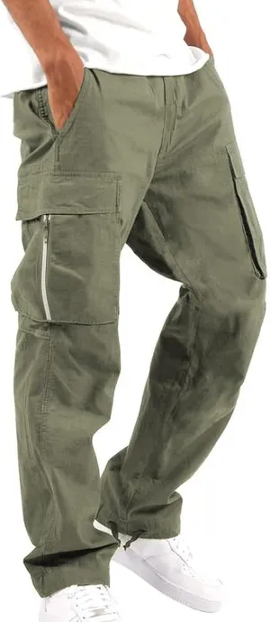Mens Cargo Pants Classic Fit Pants, Cotton Work Pants, Casual Elastic Waist Solid Color Sports Sweatpants Multi Pcckets