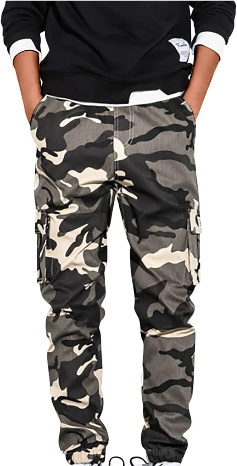 Men's Cargo Pants Slim Fit Army Military Camo Pants Flex Stretch Work Hiking Pants Casual Workout Joggers with Pocket