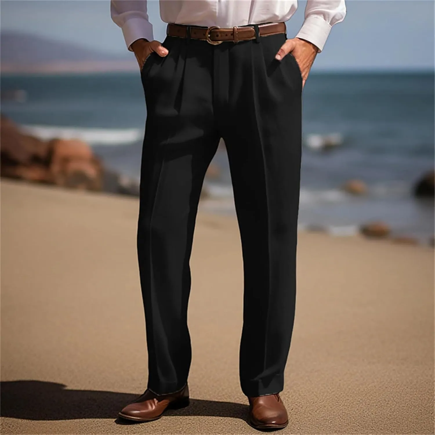 Mens Cotton Linen Trouser Classic Fit Pleat Front Straight Leg Regular Fit Pants Summer Casual Big & Tall Solid Slacks