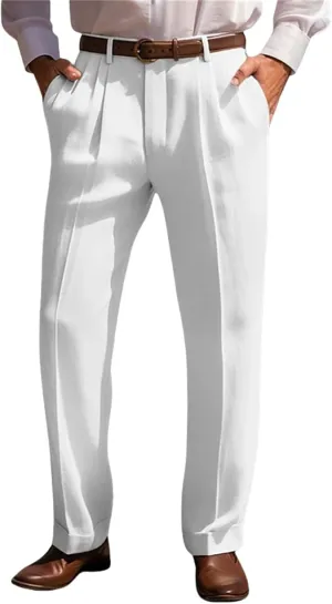 Mens Cotton Linen Trouser Classic Fit Pleat Front Straight Leg Regular Fit Pants Summer Casual Big & Tall Solid Slacks