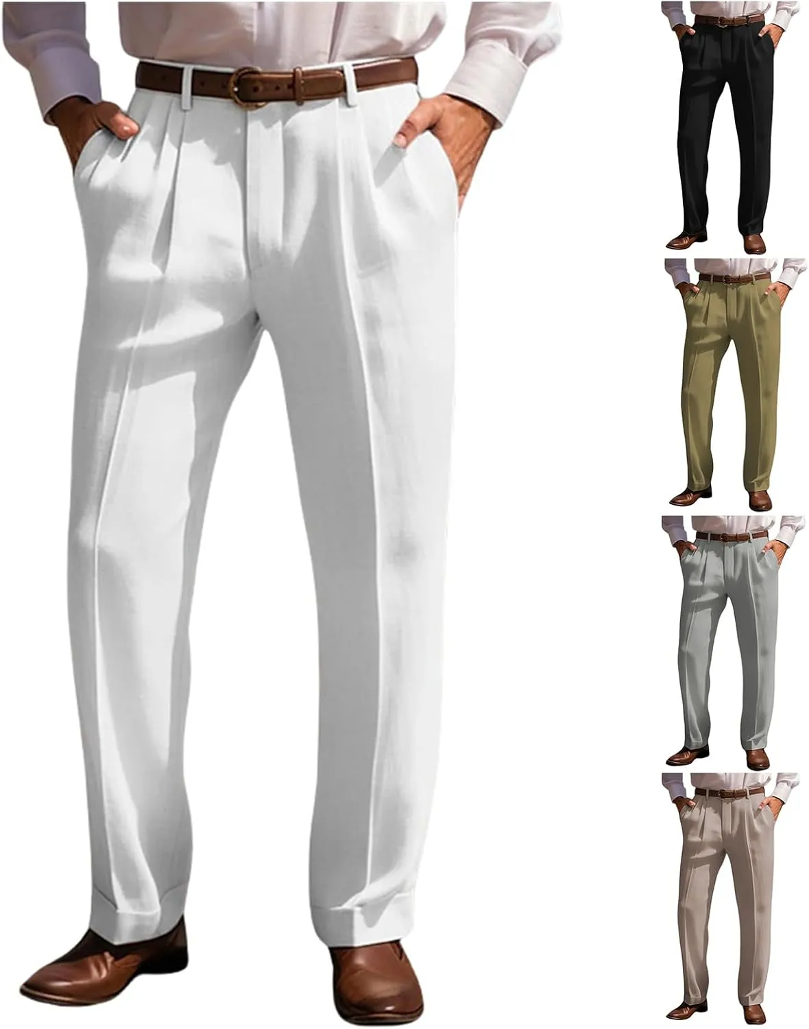 Mens Cotton Linen Trouser Classic Fit Pleat Front Straight Leg Regular Fit Pants Summer Casual Big & Tall Solid Slacks