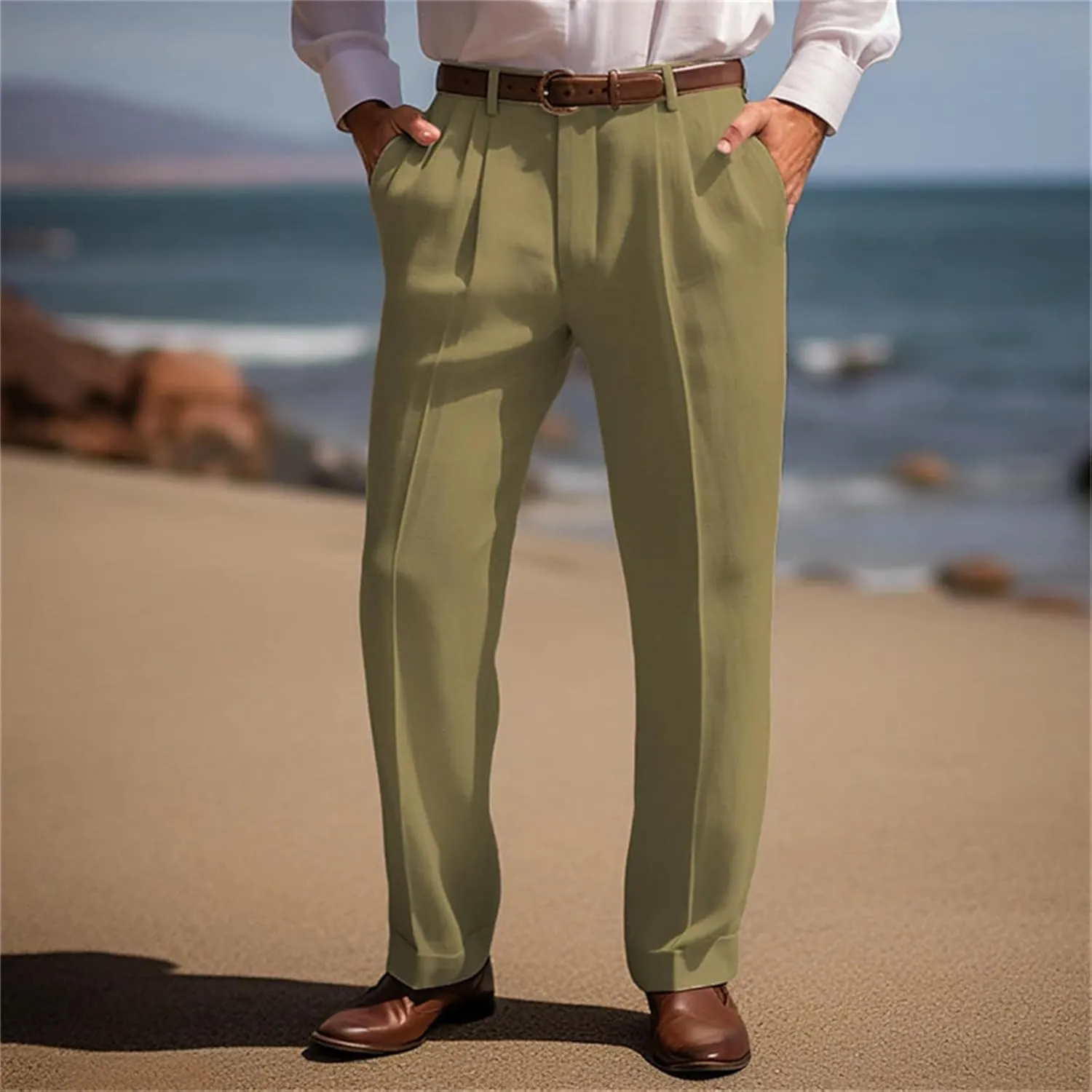 Mens Cotton Linen Trouser Classic Fit Pleat Front Straight Leg Regular Fit Pants Summer Casual Big & Tall Solid Slacks