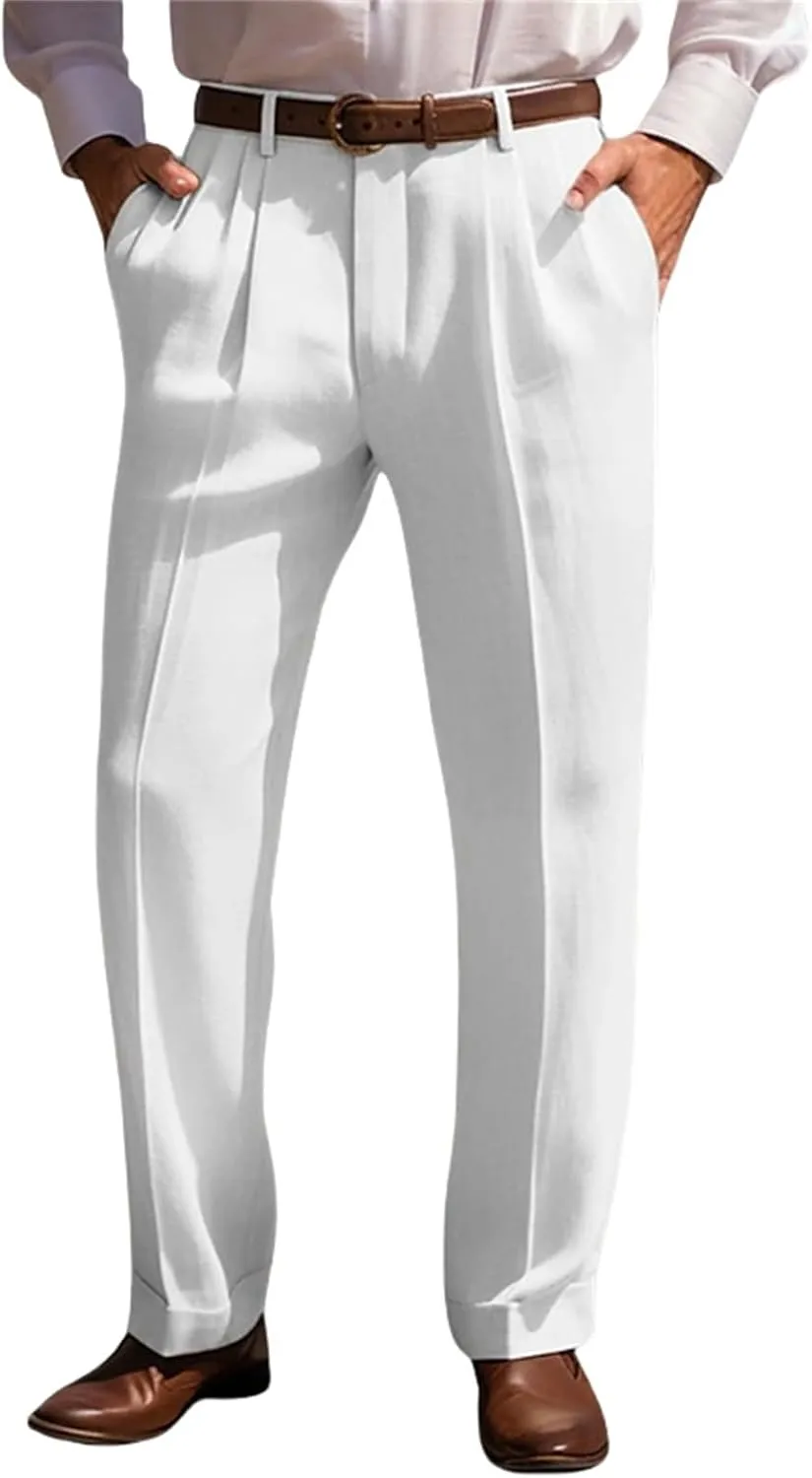 Mens Cotton Linen Trouser Classic Fit Pleat Front Straight Leg Regular Fit Pants Summer Casual Big & Tall Solid Slacks