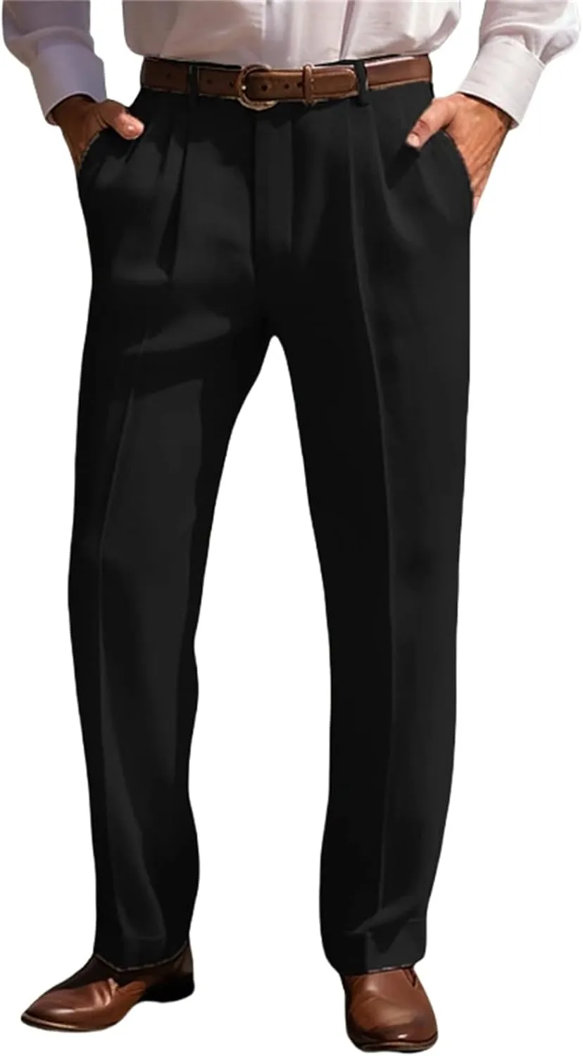 Mens Cotton Linen Trouser Classic Fit Pleat Front Straight Leg Regular Fit Pants Summer Casual Big & Tall Solid Slacks