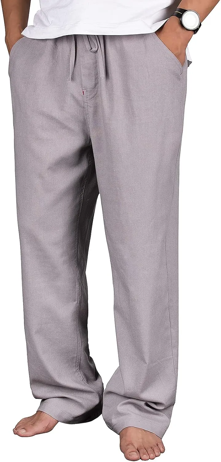 Men's Drawstring Loose Linen Beach Pants Lightweight Elastic Waist Yoga Lounge Cotton Trousers Pajamas
