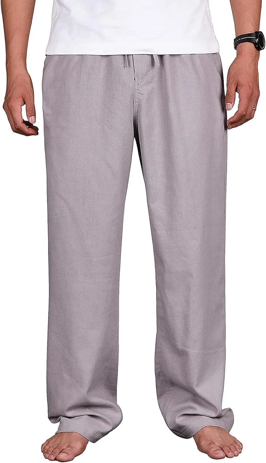 Men's Drawstring Loose Linen Beach Pants Lightweight Elastic Waist Yoga Lounge Cotton Trousers Pajamas