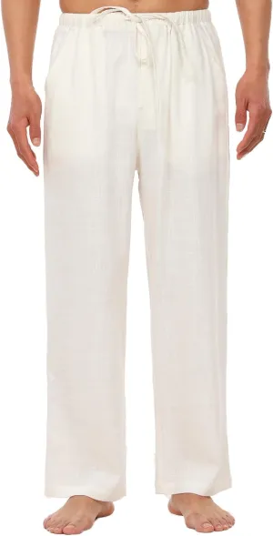 Men's Drawstring Loose Linen Beach Pants Lightweight Elastic Waist Yoga Lounge Cotton Trousers Pajamas