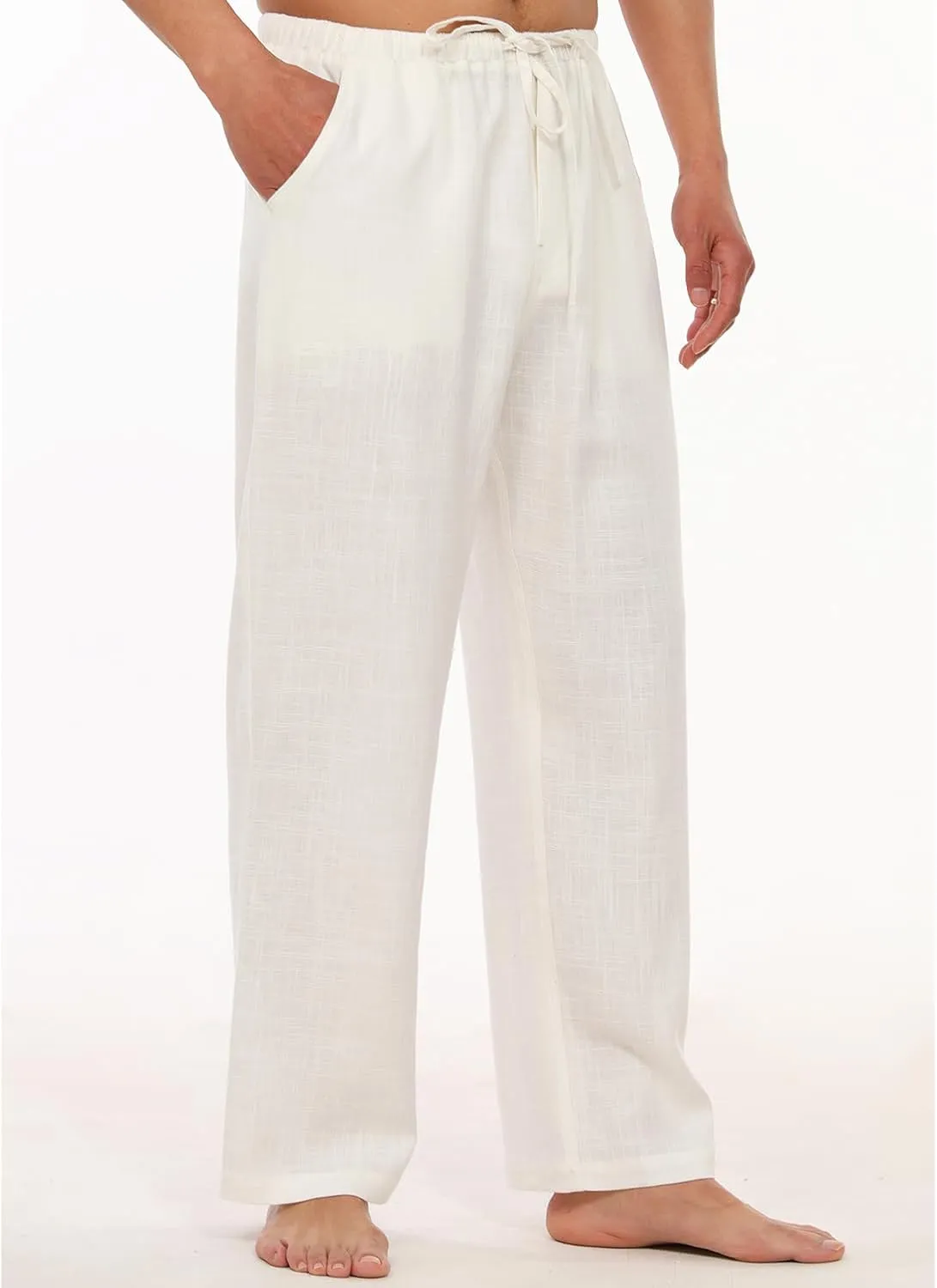 Men's Drawstring Loose Linen Beach Pants Lightweight Elastic Waist Yoga Lounge Cotton Trousers Pajamas