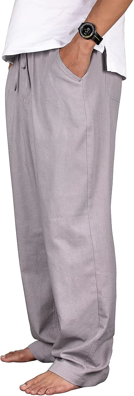 Men's Drawstring Loose Linen Beach Pants Lightweight Elastic Waist Yoga Lounge Cotton Trousers Pajamas
