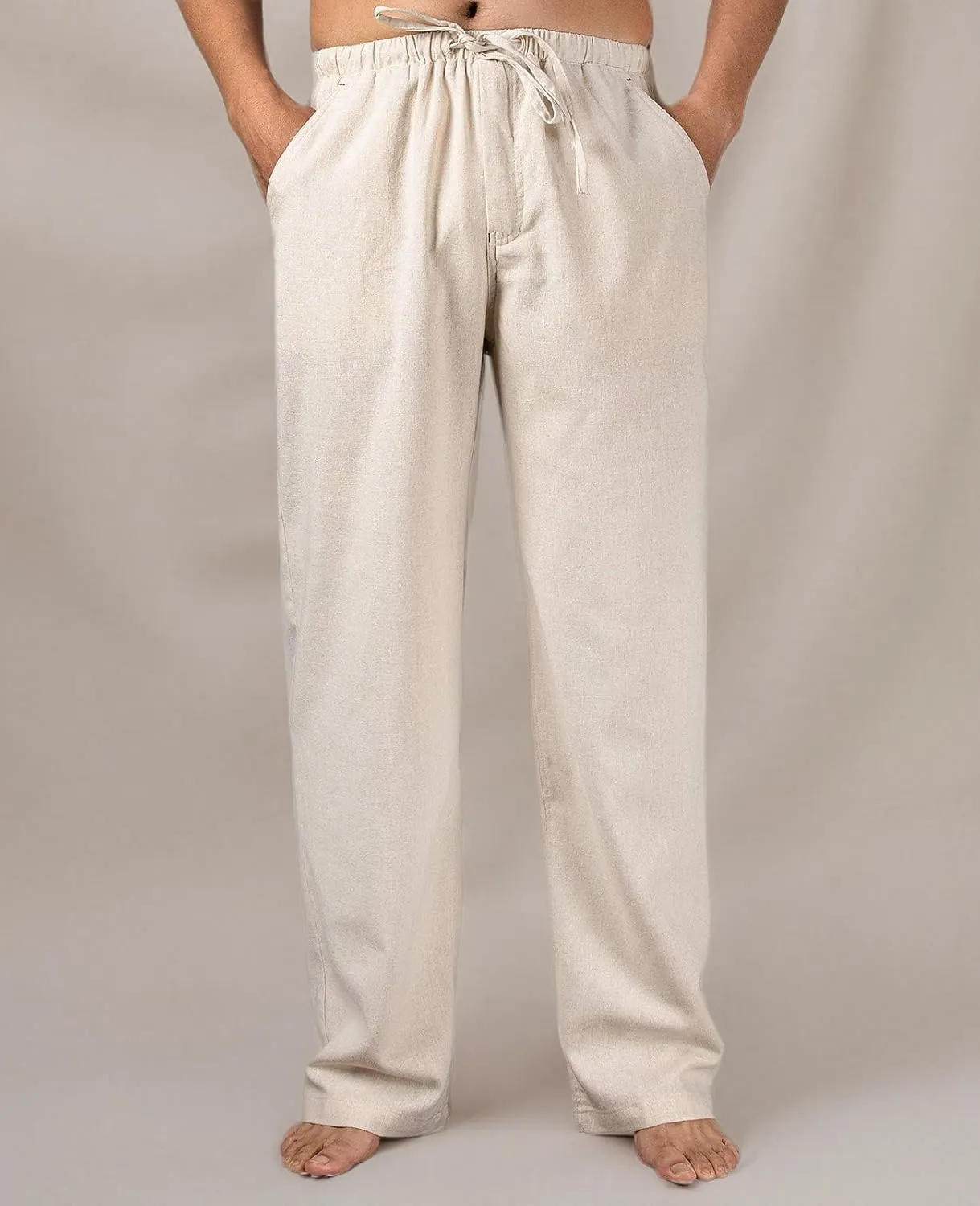 Men's Drawstring Loose Linen Beach Pants Lightweight Elastic Waist Yoga Lounge Cotton Trousers Pajamas