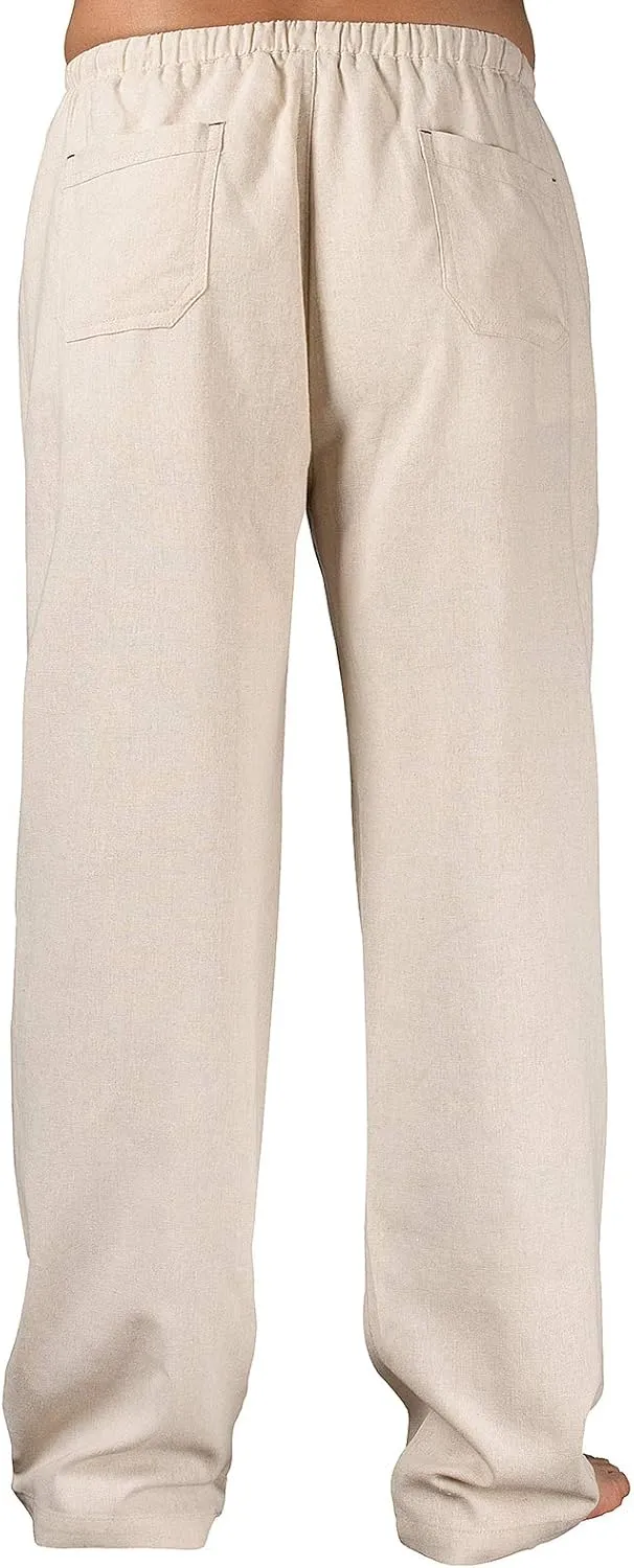 Men's Drawstring Loose Linen Beach Pants Lightweight Elastic Waist Yoga Lounge Cotton Trousers Pajamas