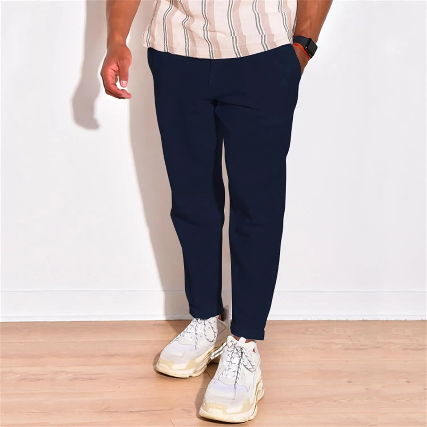 Men's Linen Cotton Pants Casual Beach Trousers Fit Elastic Waist Joggers Drawstring Pants for All Season
