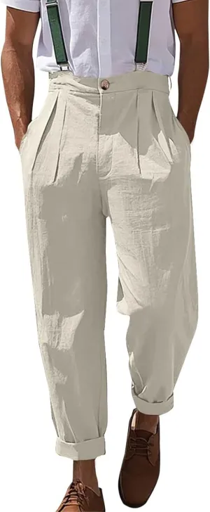 Mens Linen Pants Casual Front Pleated Yoga Pant Summer Outdoor Vacation Beach Lightweight Trousers Open Bottom Slacks