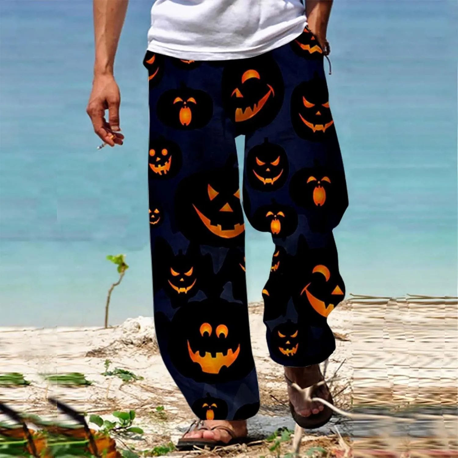 Men's Linen Solid Color Casual Drawstring Pocket Pants Lightweight Elastic Waist