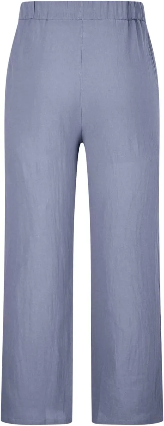 Mens Linen Wide Leg Pants Casual Drawstring Summer Beach Pants Elastic Waist Lounge Trousers with Pockets