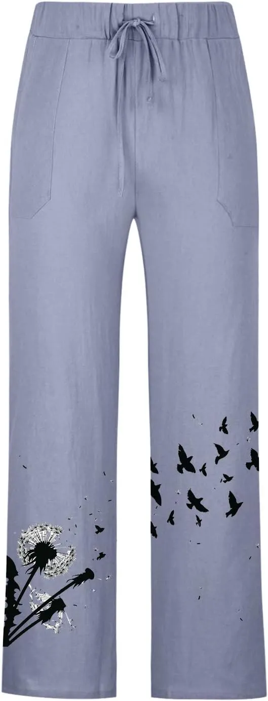 Mens Linen Wide Leg Pants Casual Drawstring Summer Beach Pants Elastic Waist Lounge Trousers with Pockets