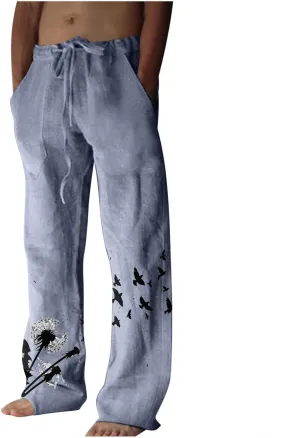 Mens Linen Wide Leg Pants Casual Drawstring Summer Beach Pants Elastic Waist Lounge Trousers with Pockets