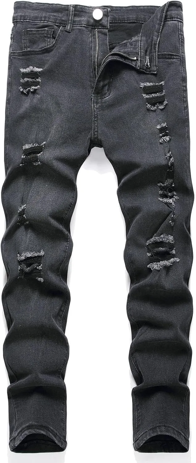 Men's Ripped Distressed Destroyed Slim Fit Straight Leg Denim Jeans Slim Biker Moto Trousers Vintage Casual Long Pants