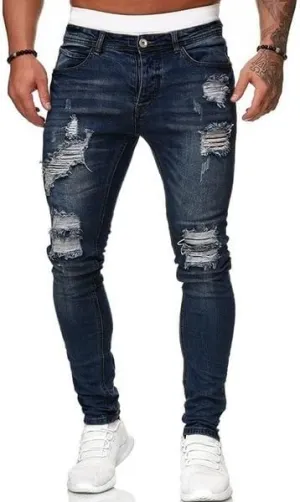 Men's Slim Fit Jeans Fashion Stretch Destroyed Ripped Skinny Jeans Side Striped Denim Pants with Pockets