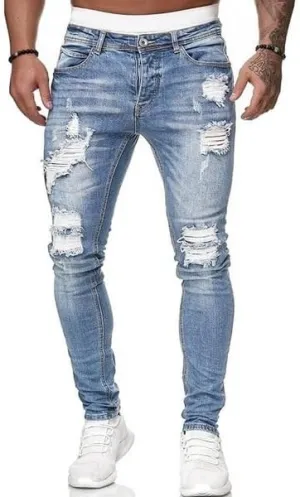 Men's Slim Fit Jeans Fashion Stretch Destroyed Ripped Skinny Jeans Side Striped Denim Pants with Pockets
