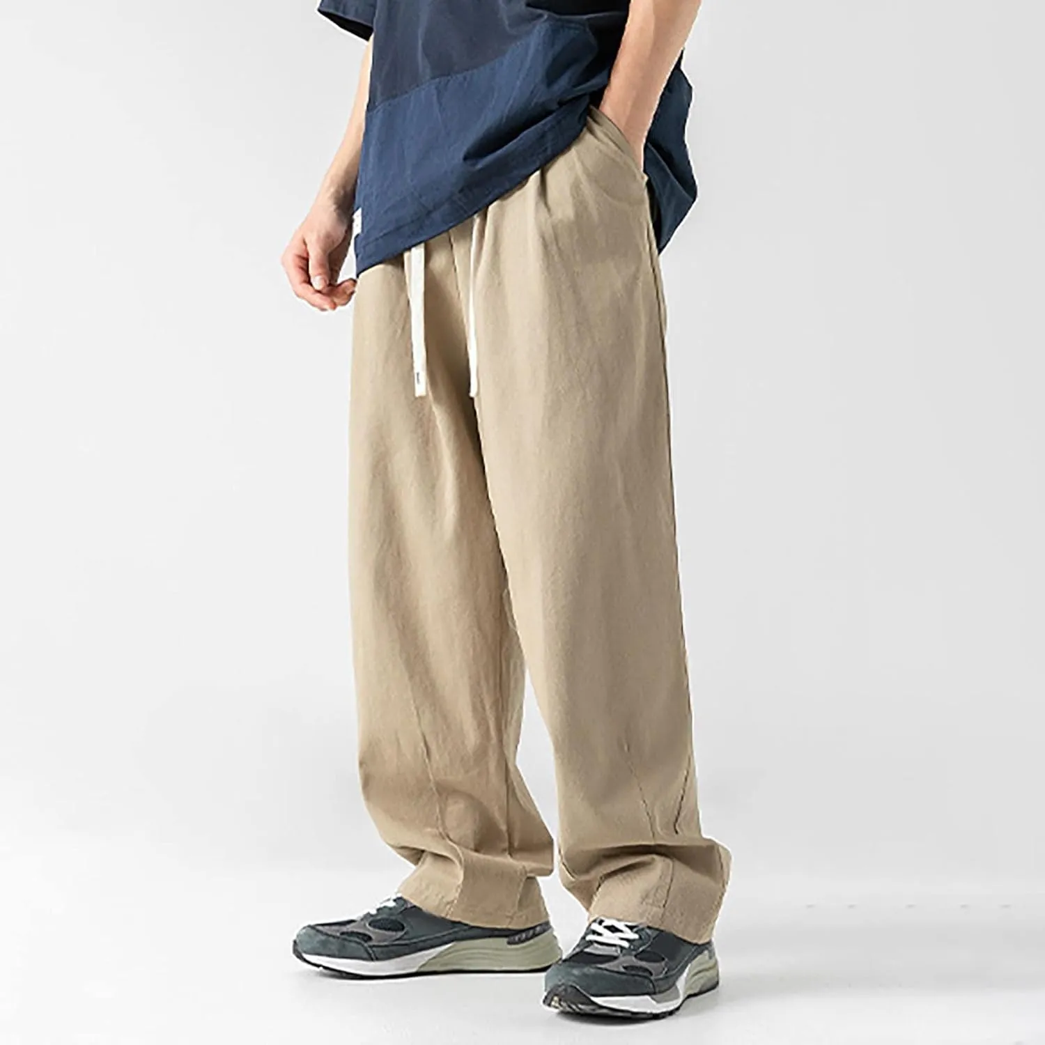 Mens Workout Cargo Sweatpants Leisure Loose Sports Running Patchwork Color Lace Up Pants Men's Flap Pocket Drawstring