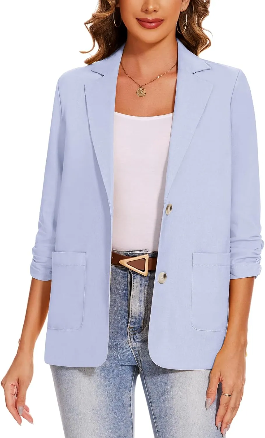 MINTLIMIT Women's Cotton Linen Blazer Jackets Ruched 3/4 Sleeve Summer Casual Lightweight Button Lapel Blazers with Pockets