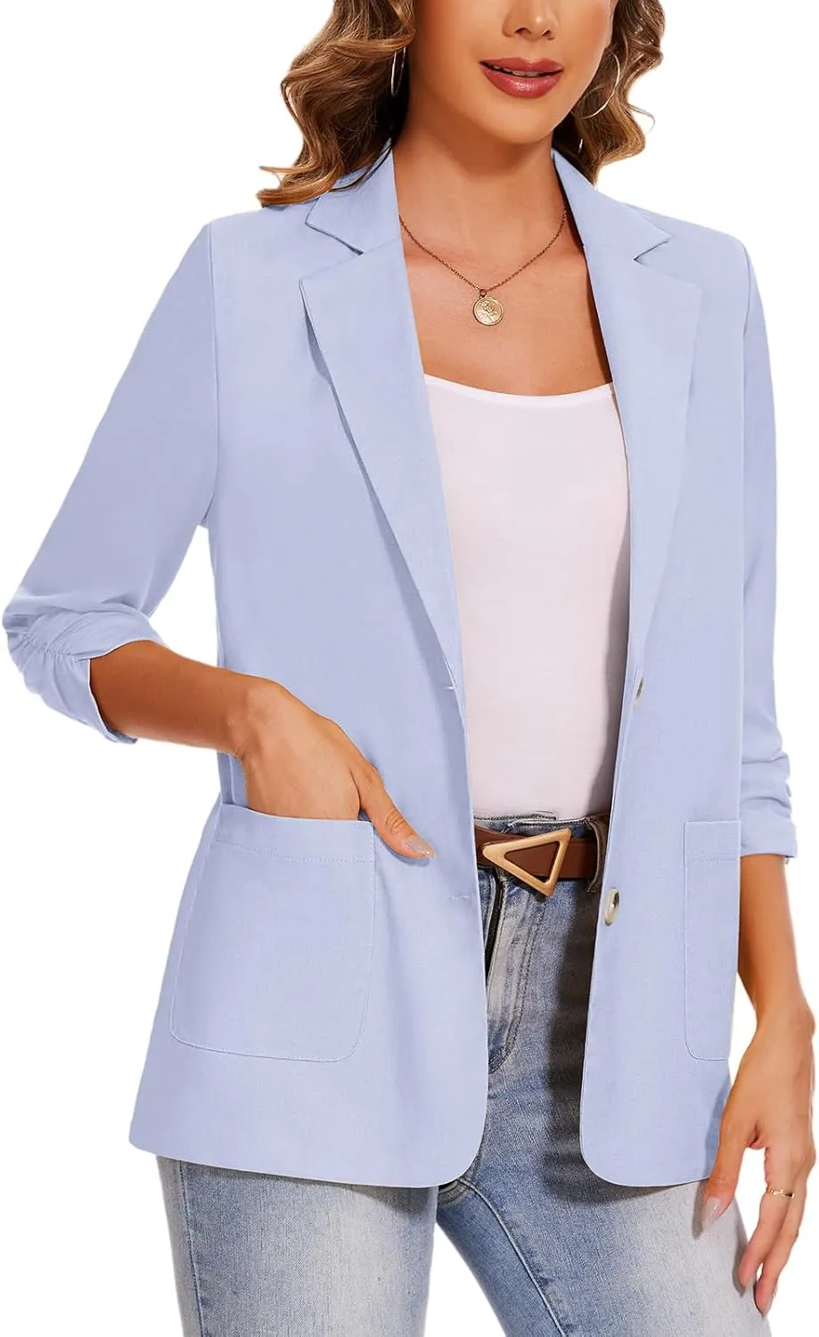 MINTLIMIT Women's Cotton Linen Blazer Jackets Ruched 3/4 Sleeve Summer Casual Lightweight Button Lapel Blazers with Pockets