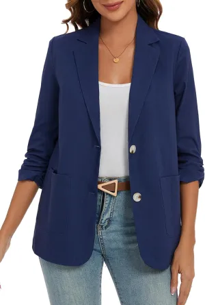 MINTLIMIT Women's Cotton Linen Blazer Jackets Ruched 3/4 Sleeve Summer Casual Lightweight Button Lapel Blazers with Pockets