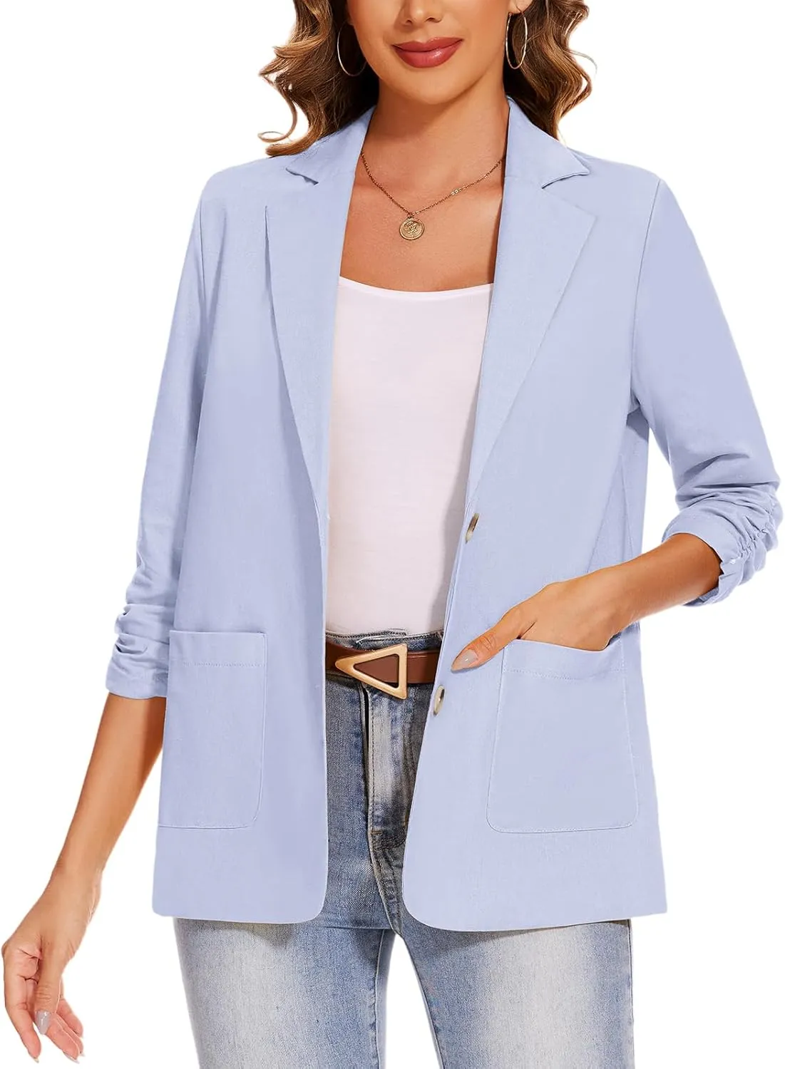 MINTLIMIT Women's Cotton Linen Blazer Jackets Ruched 3/4 Sleeve Summer Casual Lightweight Button Lapel Blazers with Pockets