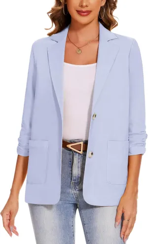 MINTLIMIT Women's Cotton Linen Blazer Jackets Ruched 3/4 Sleeve Summer Casual Lightweight Button Lapel Blazers with Pockets