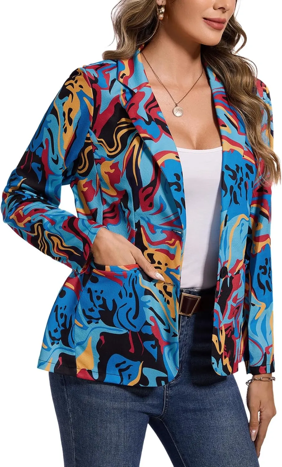 MINTLIMIT Women's Graphic Print Blazer Casual Long Sleeve Notch Lapel Button Open Front Colorful Jacket Blazers with Pockets
