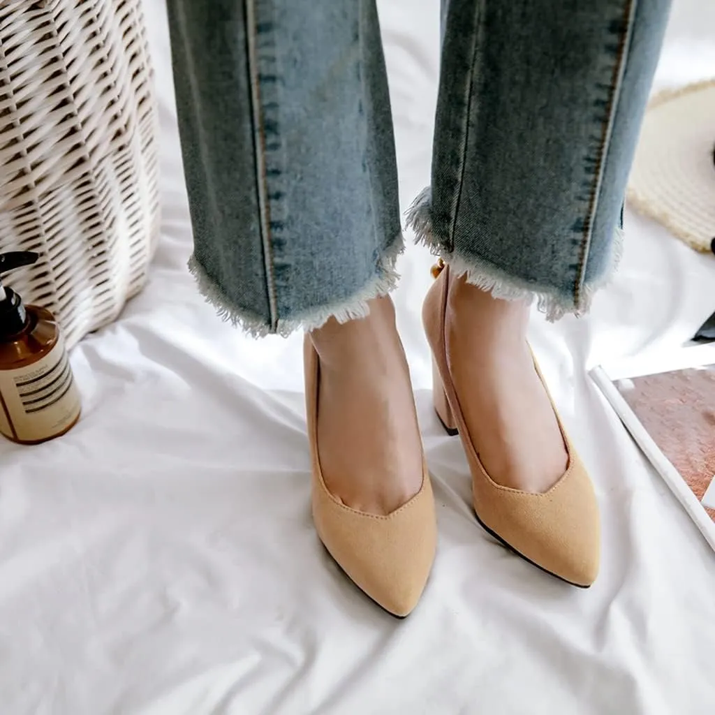 MIOKE Women's Fashion Pointed Toe Chunky Block Mid Heel Pumps Suede Slip-On Comfort Work Office Dress Shoes