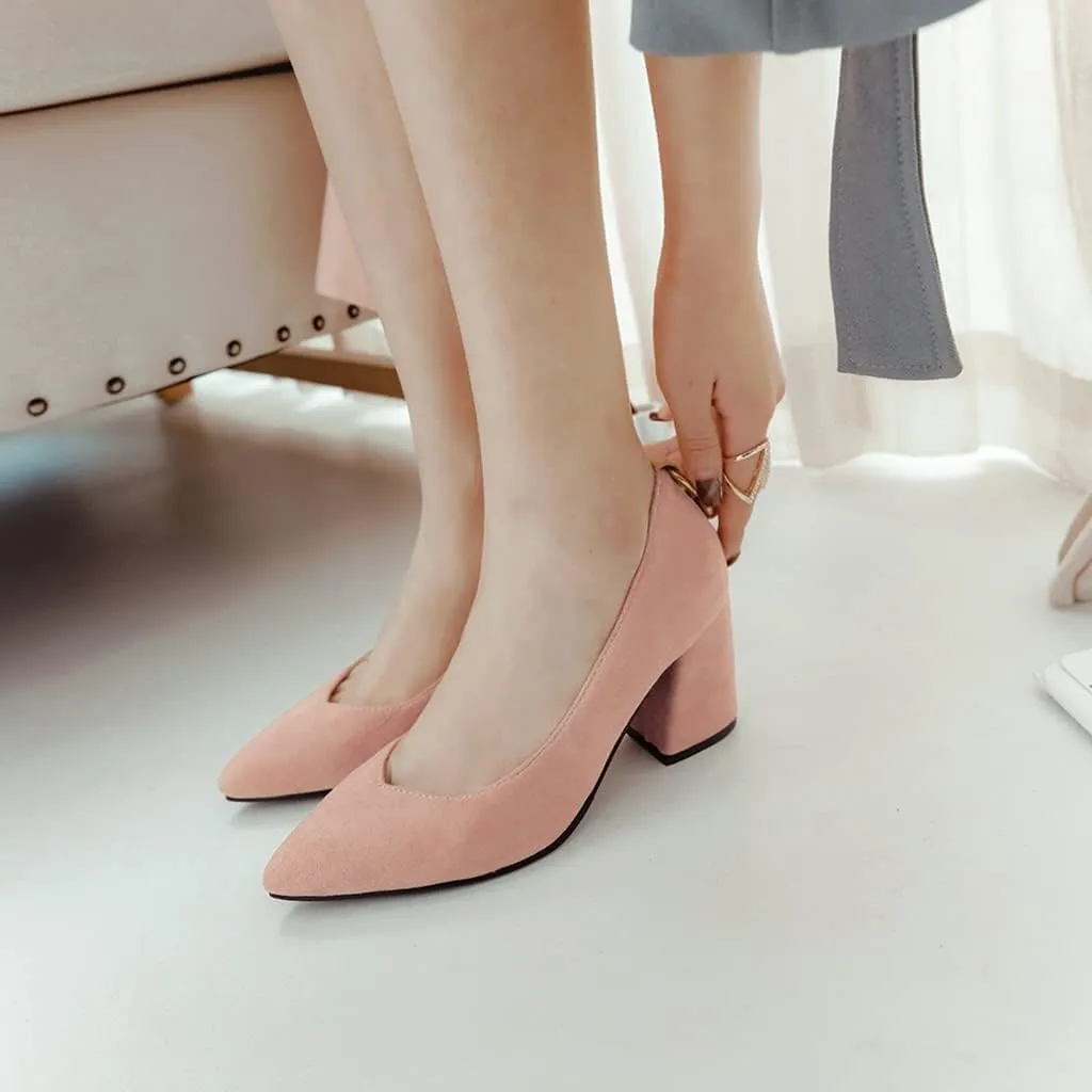 MIOKE Women's Fashion Pointed Toe Chunky Block Mid Heel Pumps Suede Slip-On Comfort Work Office Dress Shoes