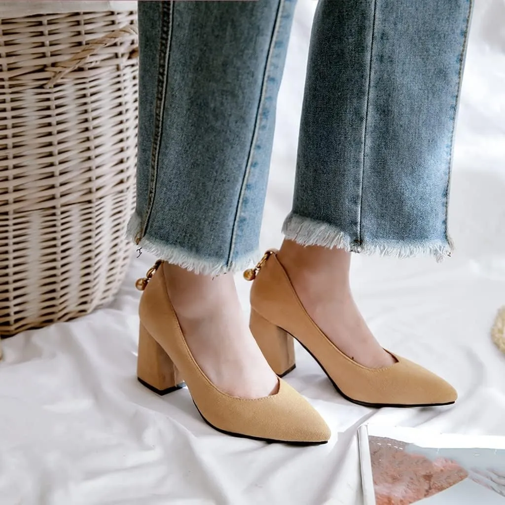 MIOKE Women's Fashion Pointed Toe Chunky Block Mid Heel Pumps Suede Slip-On Comfort Work Office Dress Shoes