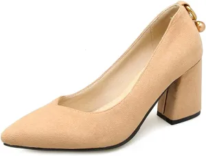MIOKE Women's Fashion Pointed Toe Chunky Block Mid Heel Pumps Suede Slip-On Comfort Work Office Dress Shoes