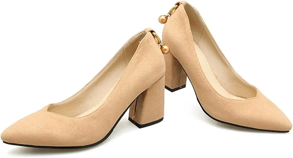 MIOKE Women's Fashion Pointed Toe Chunky Block Mid Heel Pumps Suede Slip-On Comfort Work Office Dress Shoes