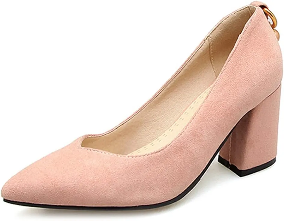 MIOKE Women's Fashion Pointed Toe Chunky Block Mid Heel Pumps Suede Slip-On Comfort Work Office Dress Shoes