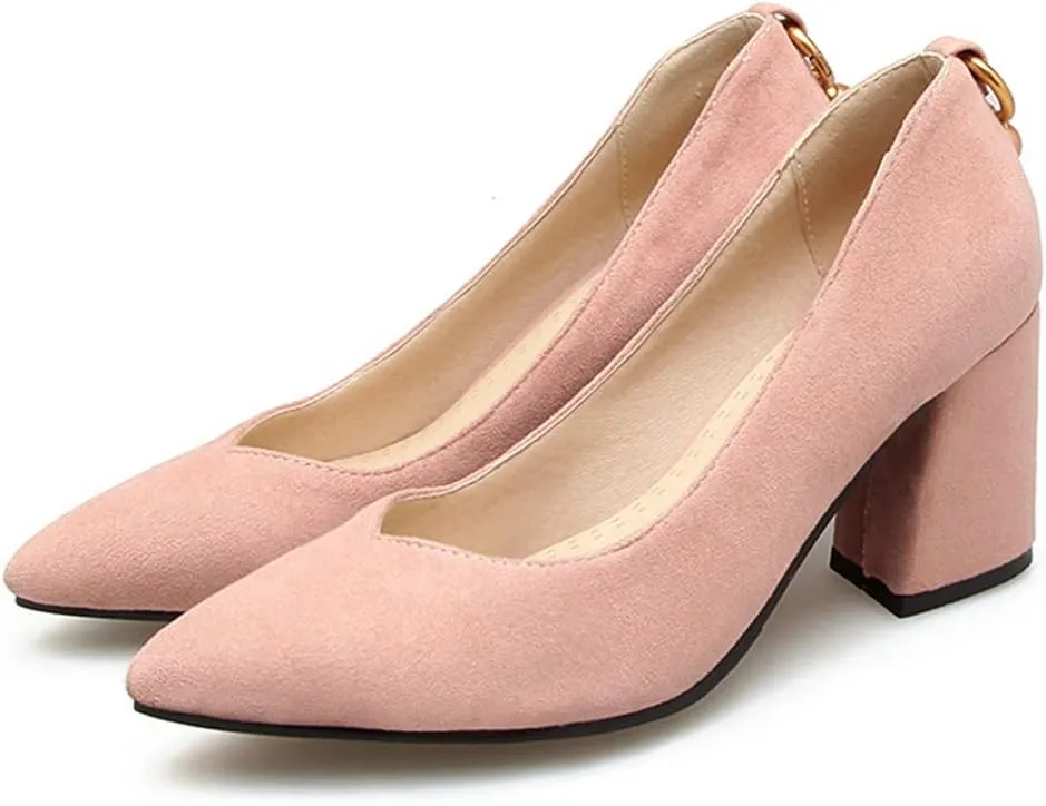 MIOKE Women's Fashion Pointed Toe Chunky Block Mid Heel Pumps Suede Slip-On Comfort Work Office Dress Shoes