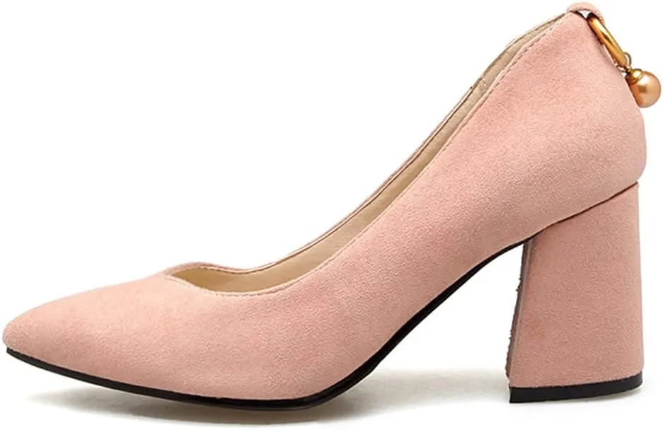 MIOKE Women's Fashion Pointed Toe Chunky Block Mid Heel Pumps Suede Slip-On Comfort Work Office Dress Shoes